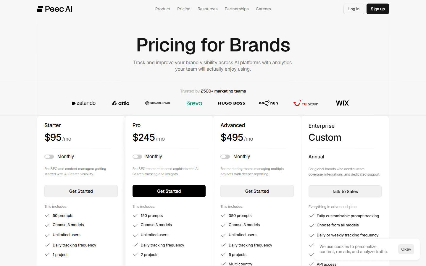 Peec AI English pricing page for ChatGPT and AI search analytics plans.