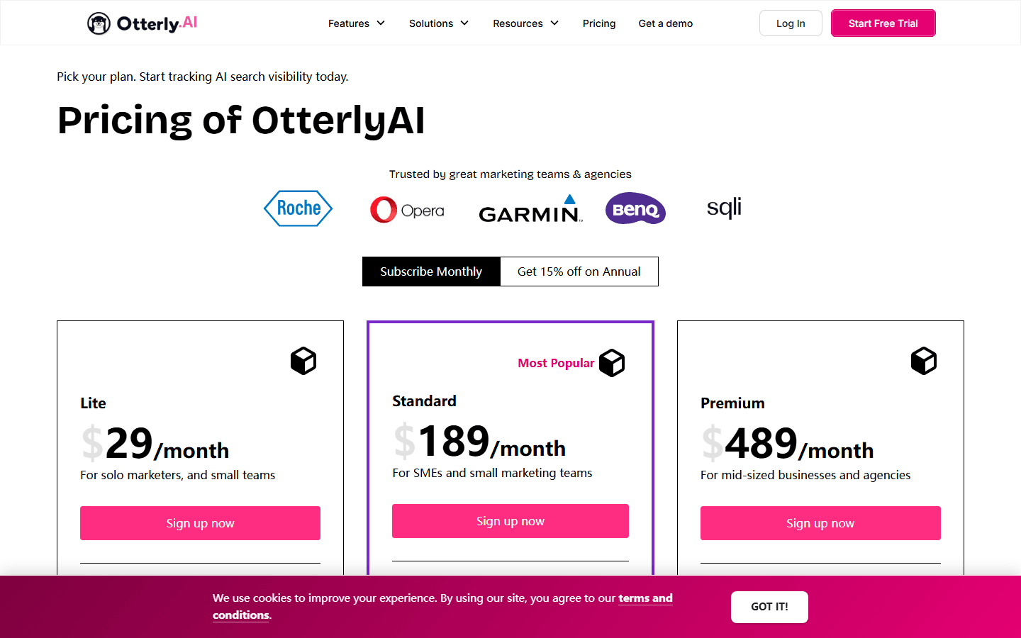 Otterly AI English pricing page for AI search monitoring plans.