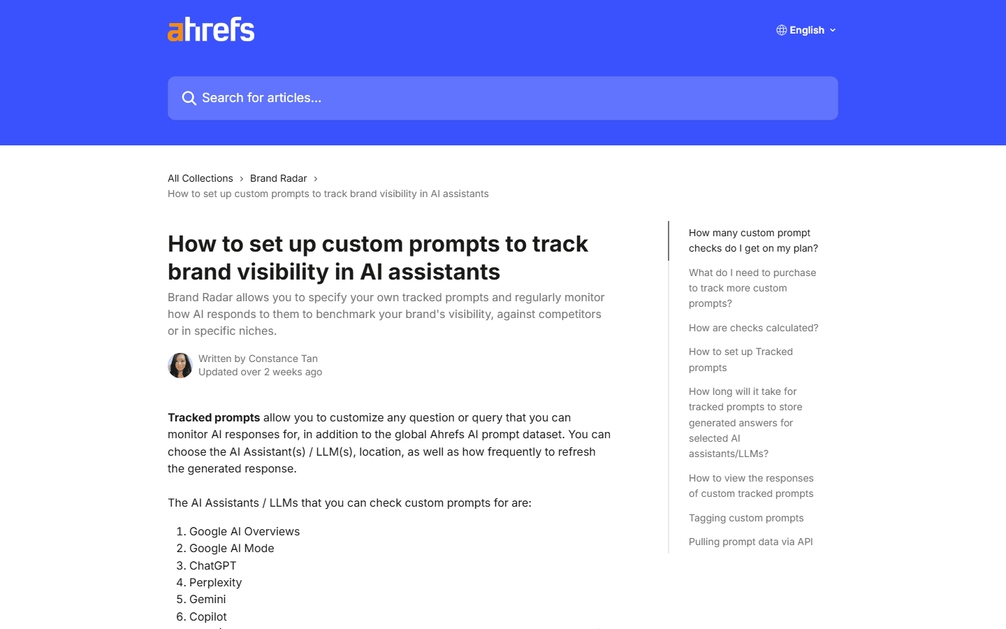 Ahrefs English Brand Radar documentation for custom ChatGPT prompt tracking.