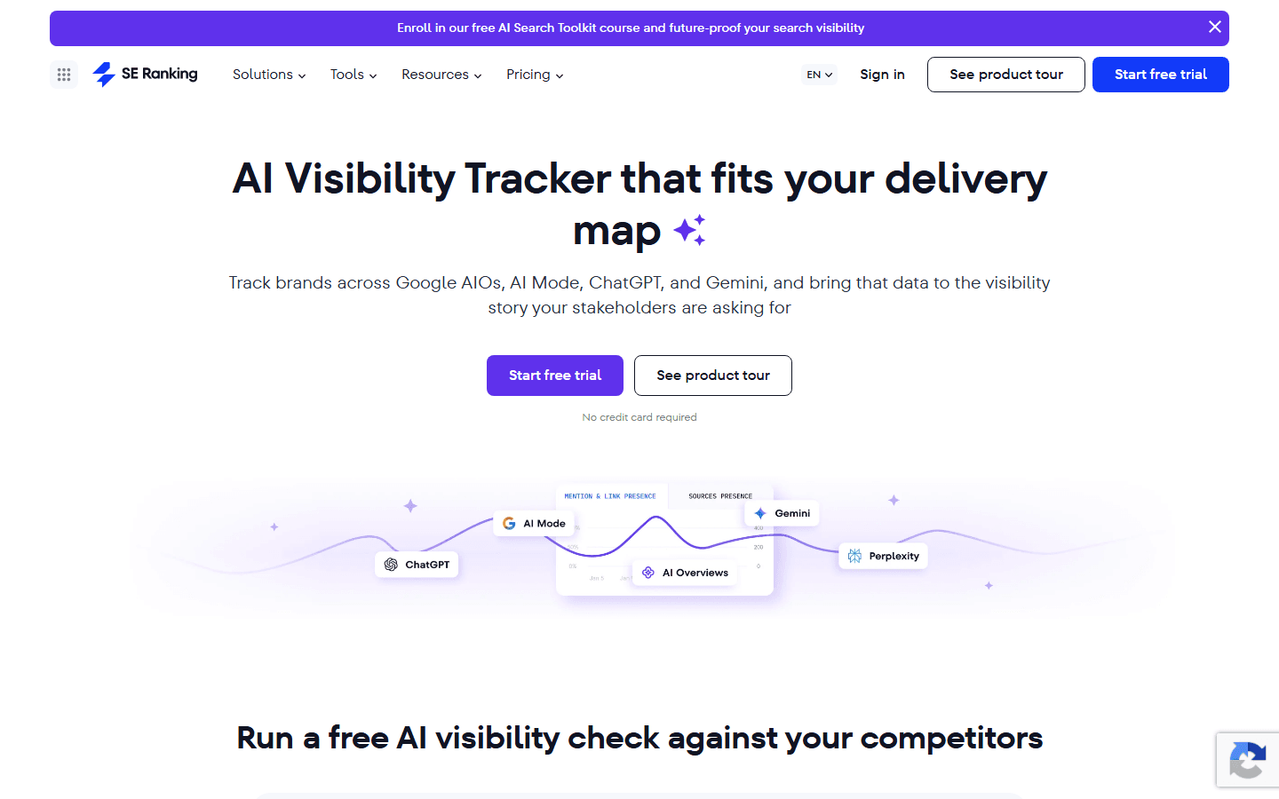 SE Ranking English AI Visibility Tracker page covering ChatGPT and other answer engines.