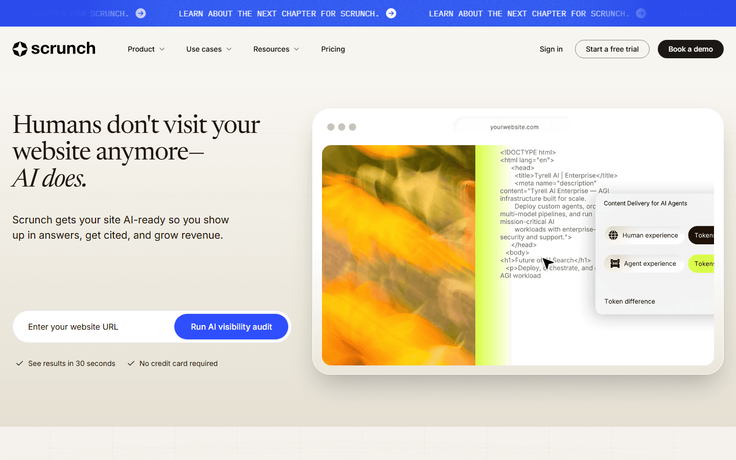Scrunch English website for AI visibility monitoring, citations, and agent experience.
