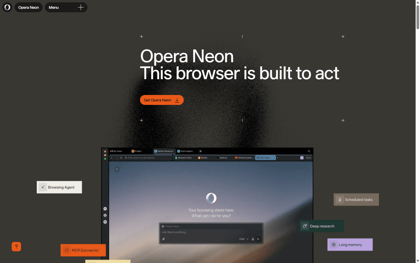 Opera Neon official English homepage describing a browser built to act.