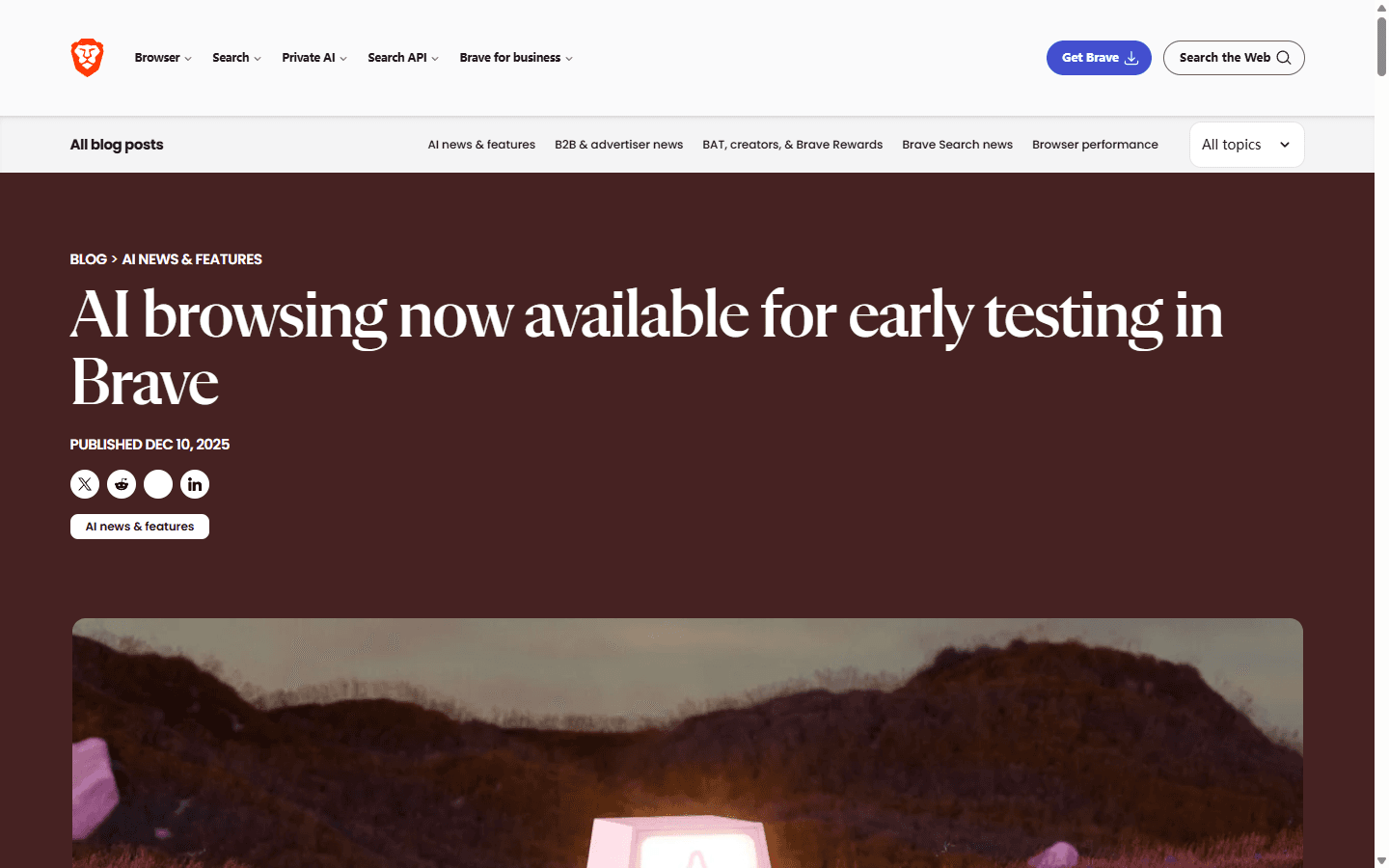 Brave official English article announcing early testing for AI browsing.