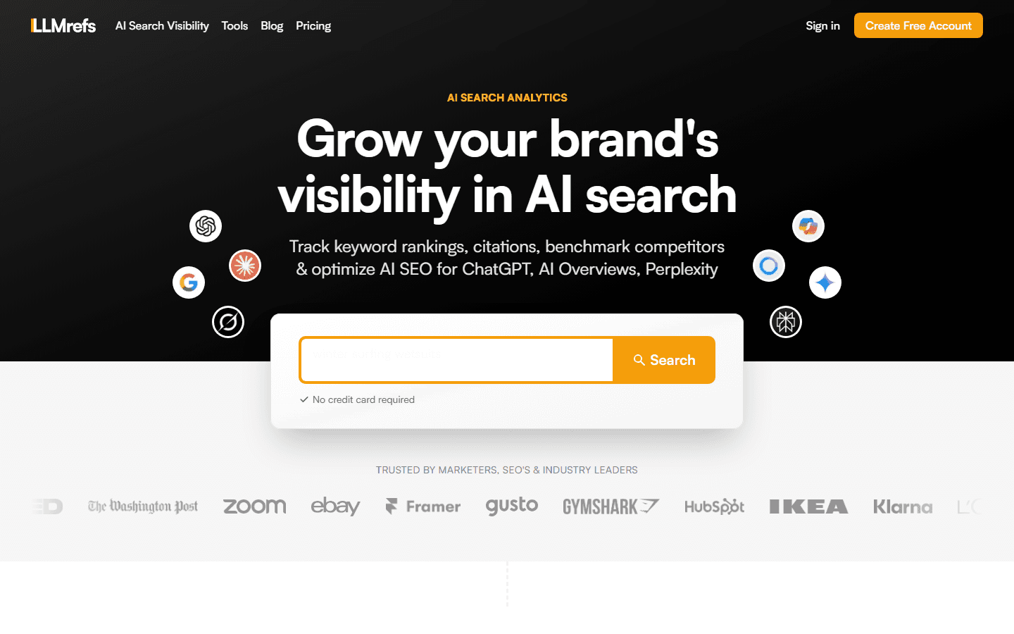 LLMrefs English AI search analytics page with multi-model visibility and citation tracking.