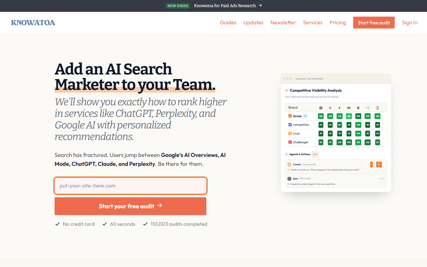 Knowatoa English AI search visibility page with competitive analysis across several models.