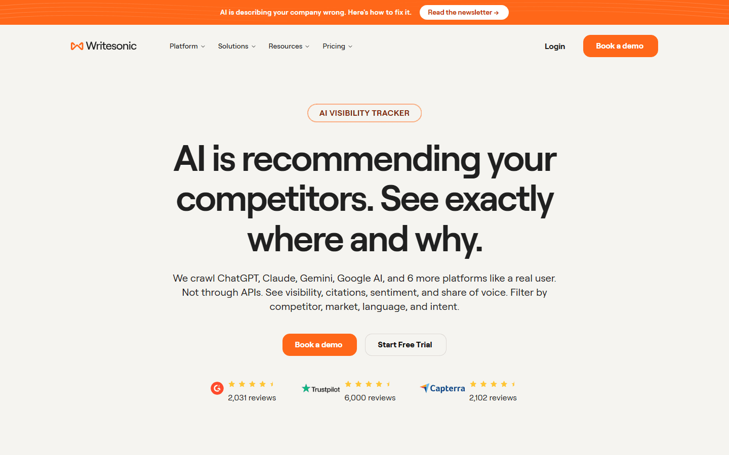 Writesonic English AI visibility tracker page for ChatGPT, Claude, Gemini, and other platforms.