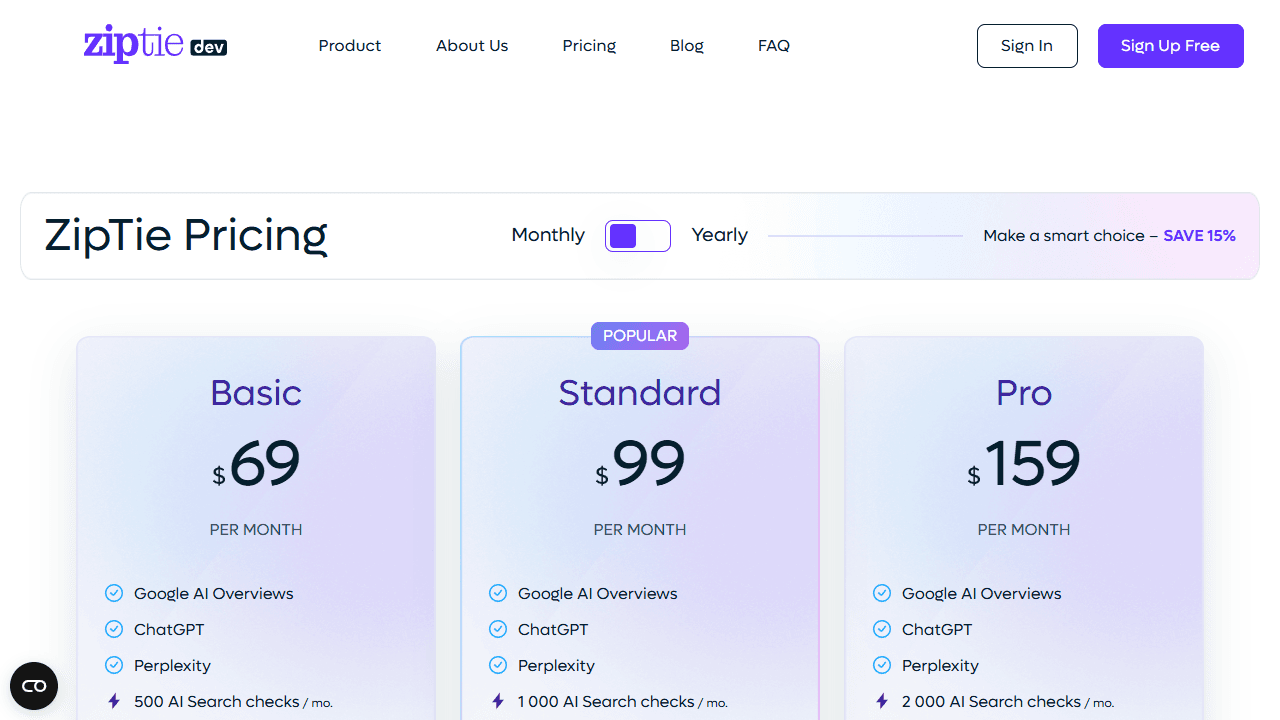ZipTie English pricing page showing AI search checks for ChatGPT, Perplexity, and Google AI Overviews.