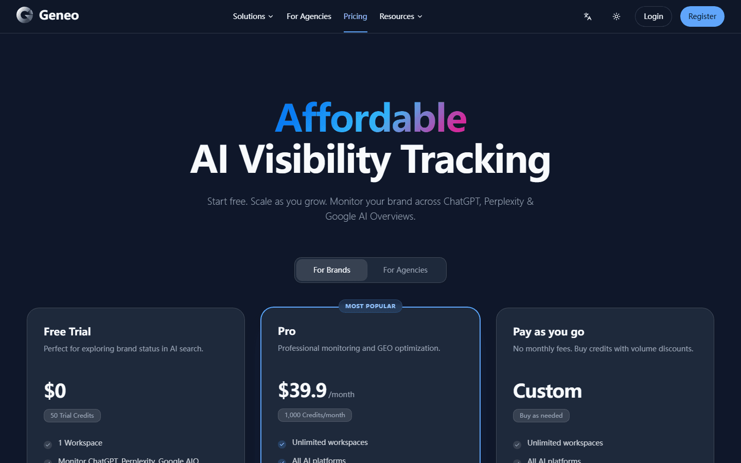 Geneo English pricing page for affordable AI visibility tracking plans.