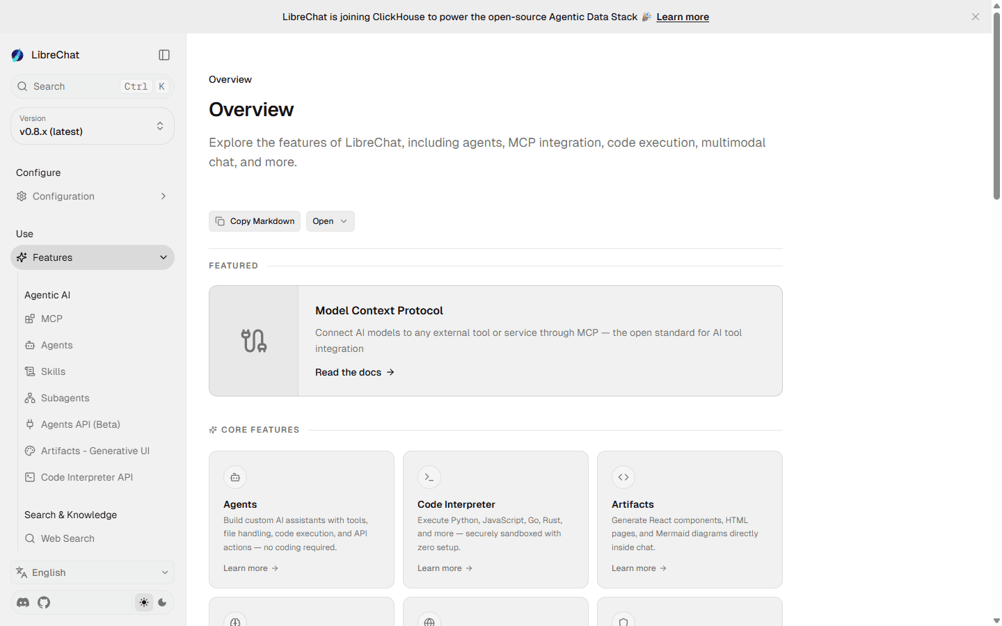LibreChat official English feature overview with agents, MCP, code interpreter, and artifacts.