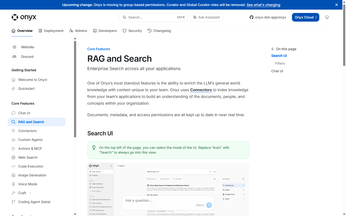 Onyx official English documentation for retrieval augmented generation and internal search.