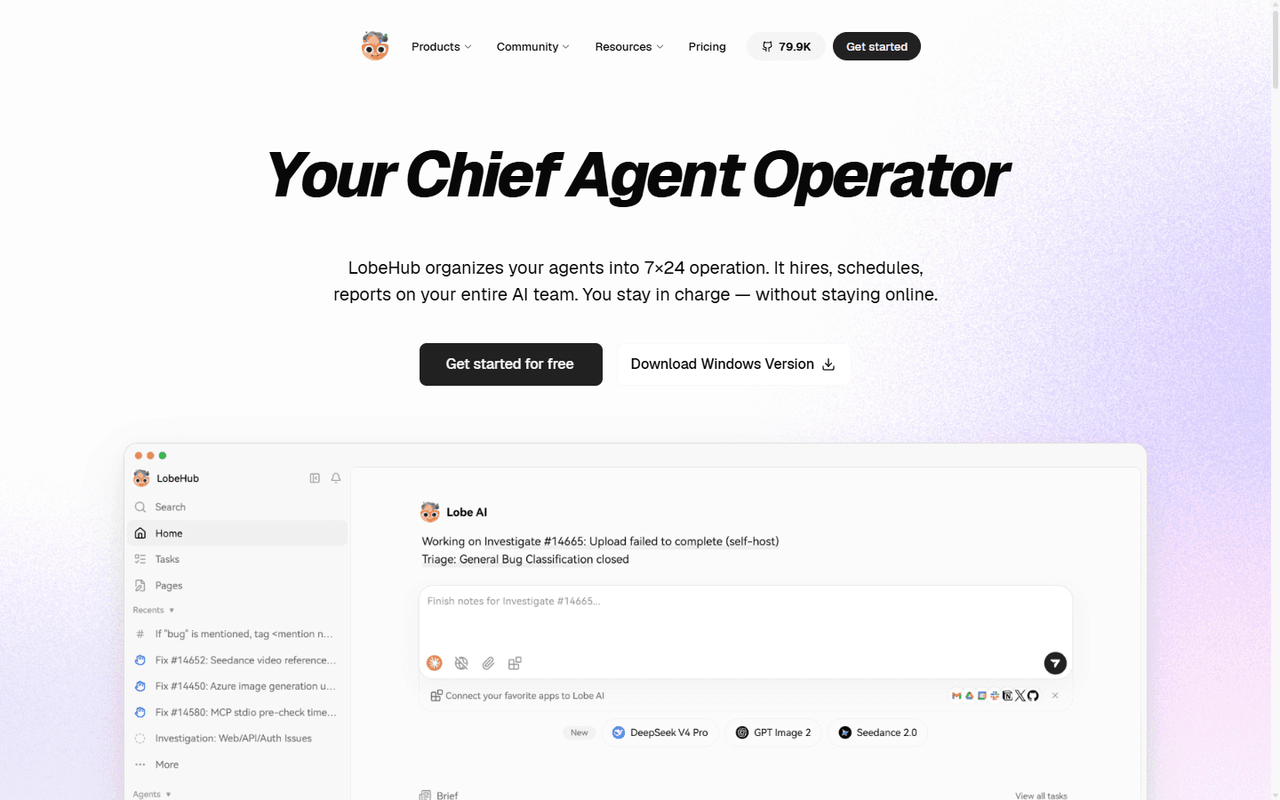 LobeHub official English homepage showing its agent workspace.