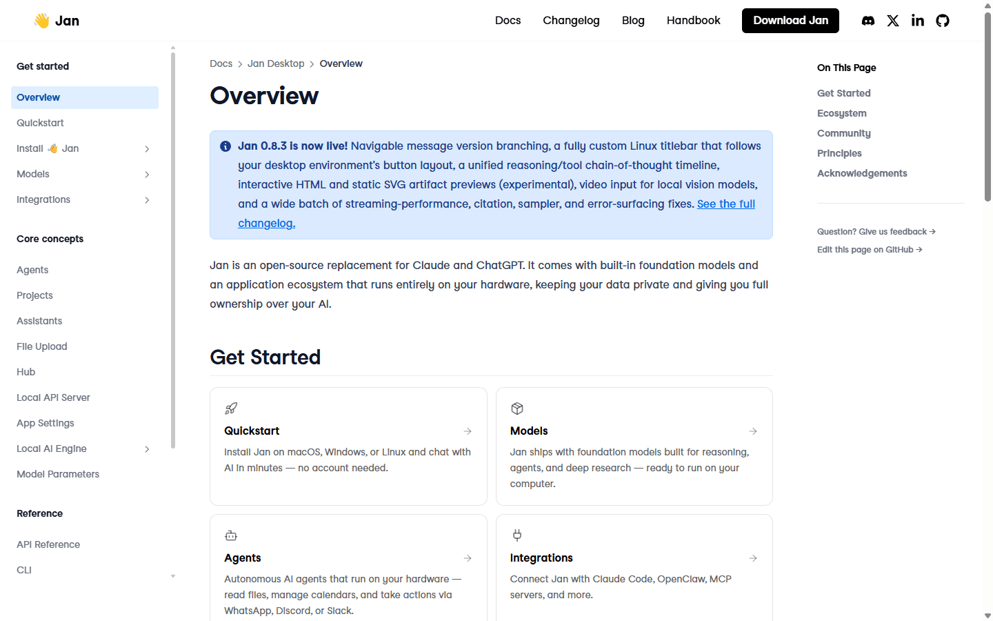 Jan official English desktop documentation with local models, agents, projects, and integrations.