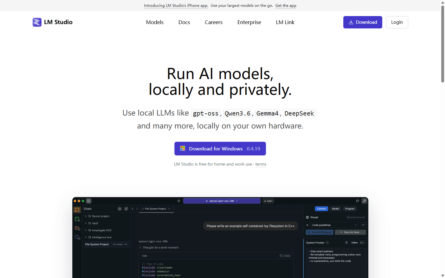 LM Studio official English homepage for running AI models locally and privately.