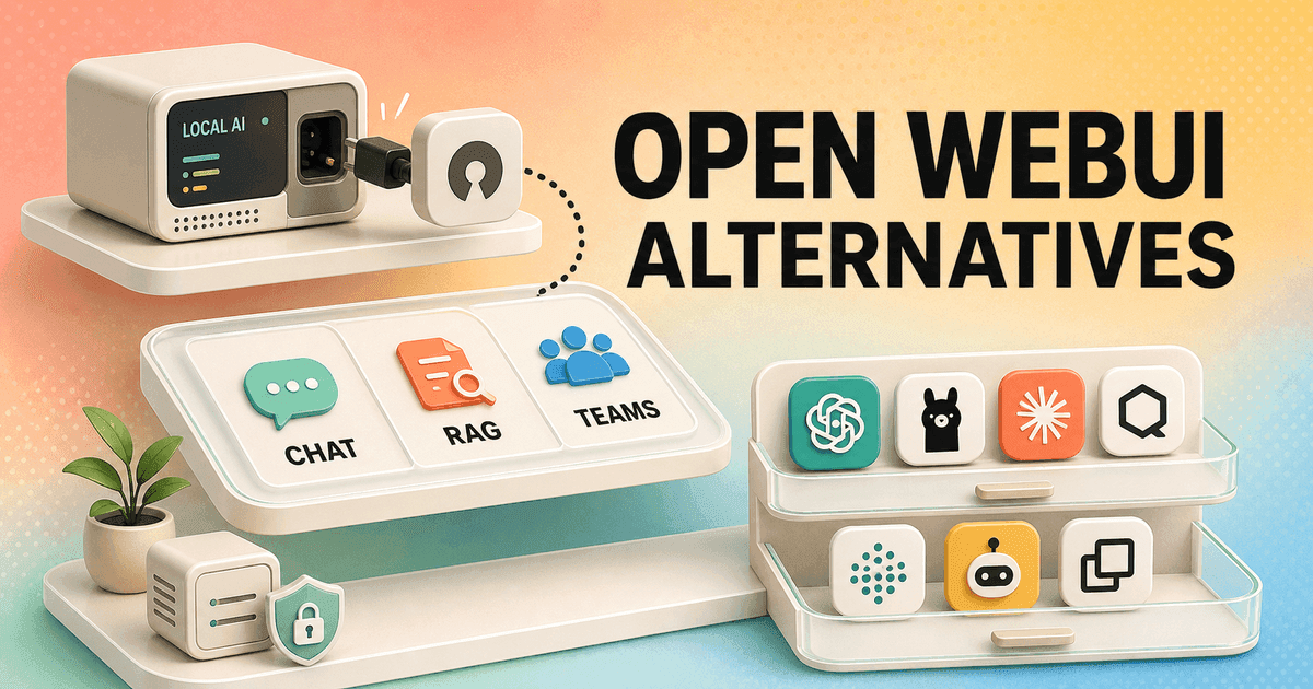 Pastel local AI tool shelf organizing Open WebUI alternatives around chat, RAG, and teams.