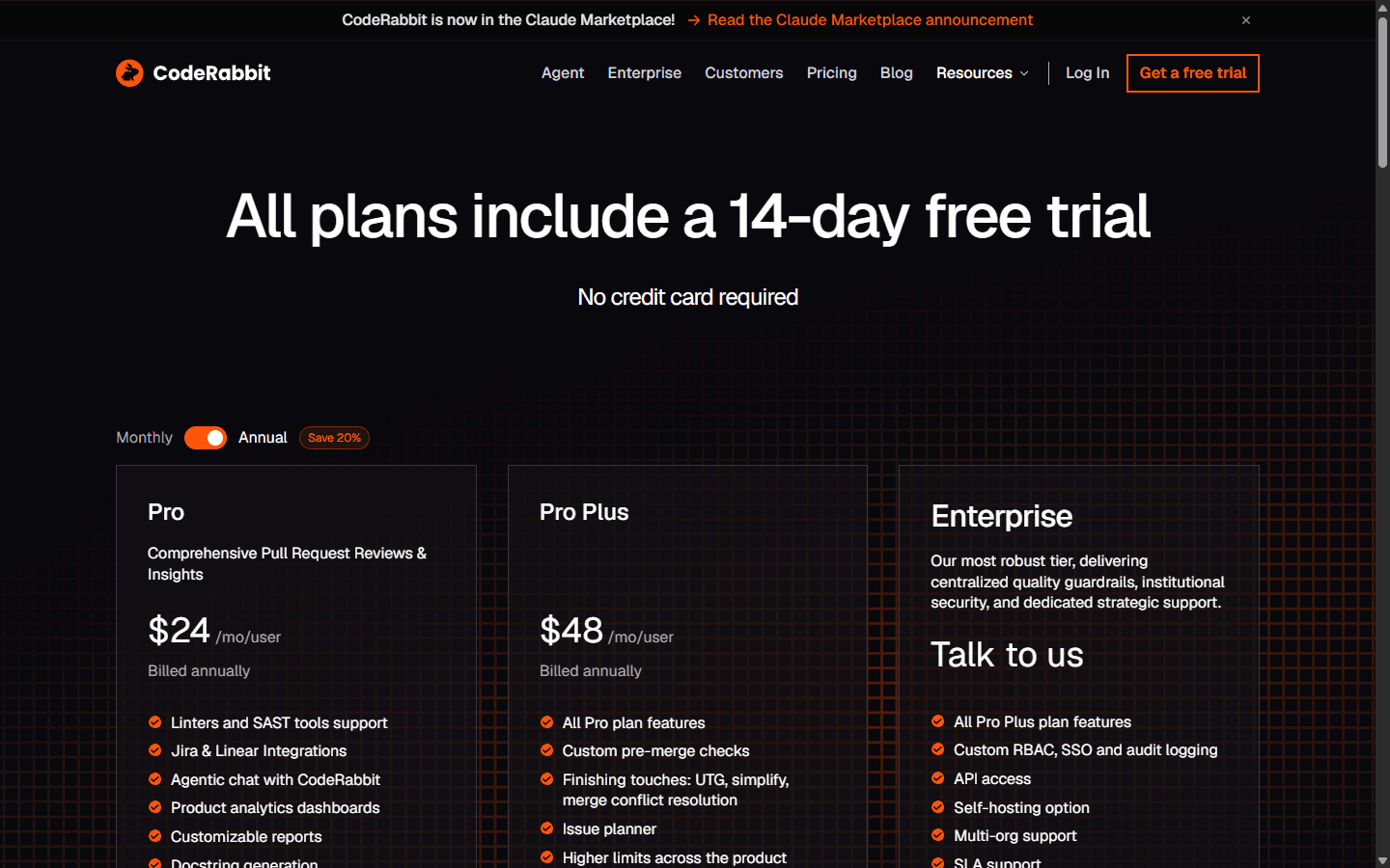 CodeRabbit English pricing page showing Pro and Pro Plus code review plans.