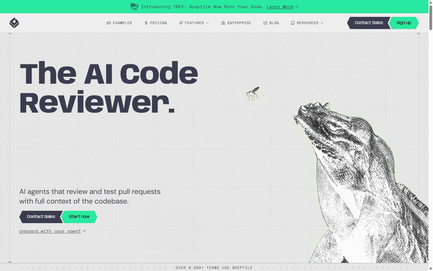 Greptile English homepage presenting its repository-aware AI code reviewer.