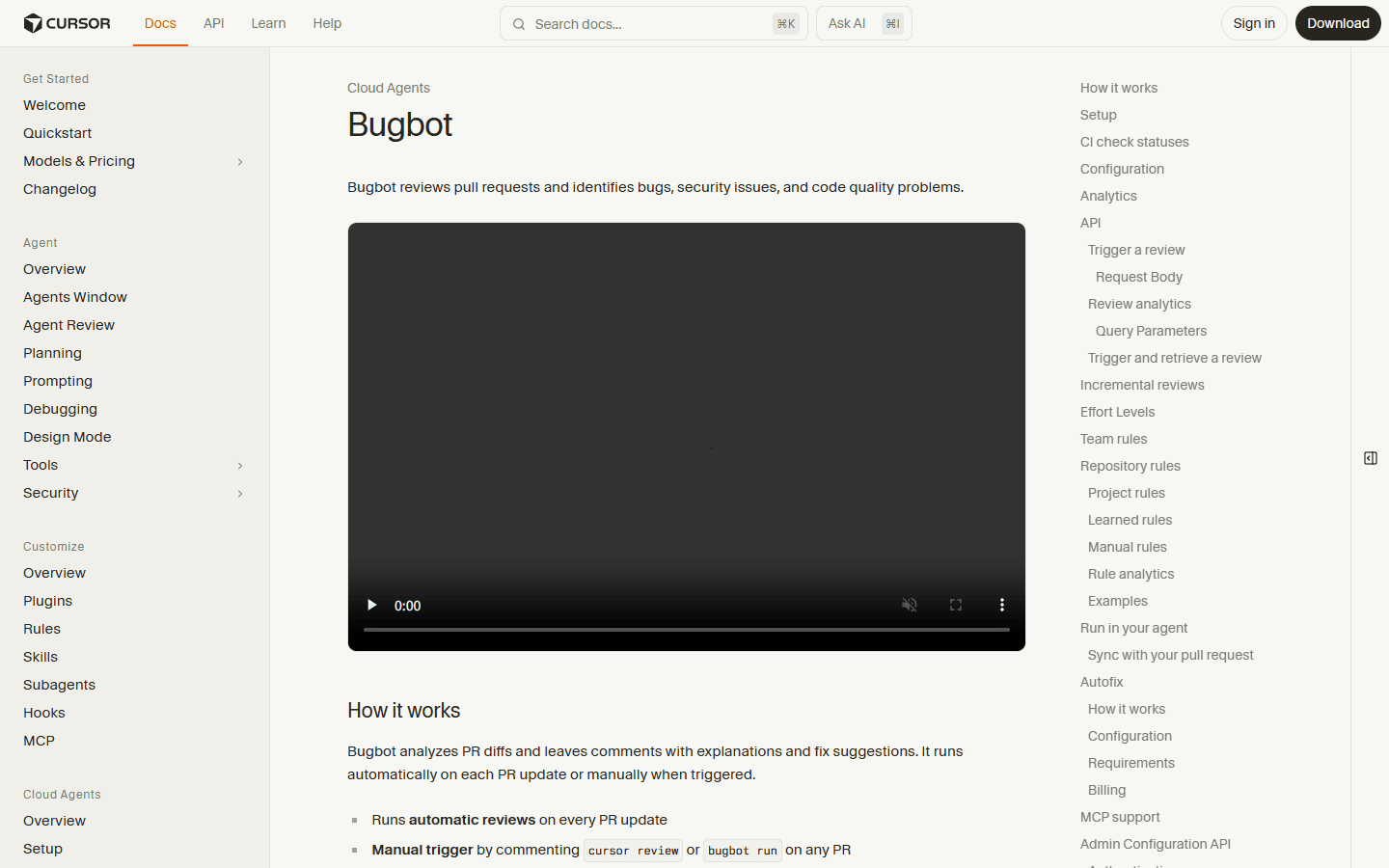 Cursor English Bugbot documentation describing automatic and manual pull request reviews.