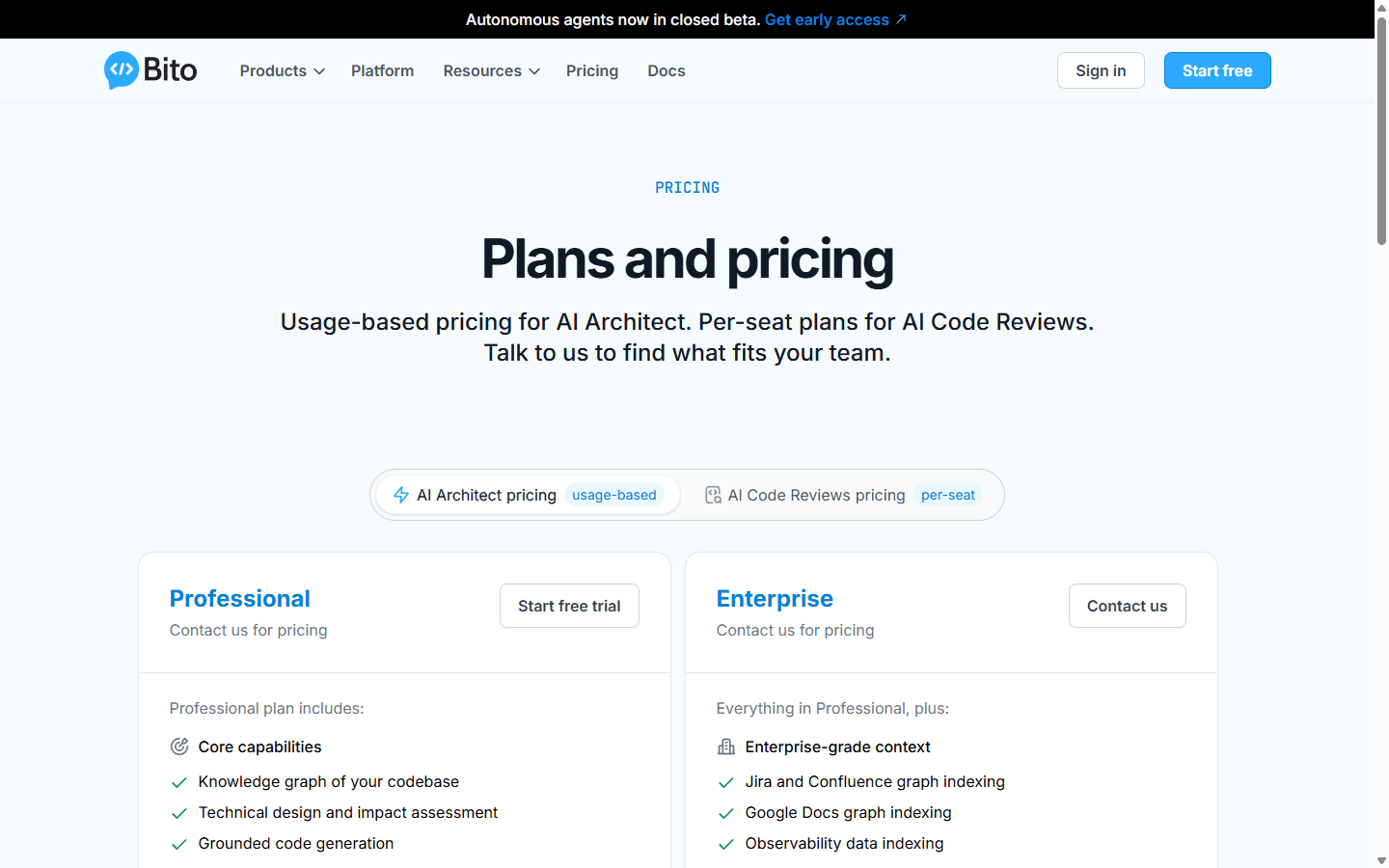 Bito English pricing page separating AI Architect and per-seat AI Code Reviews pricing.