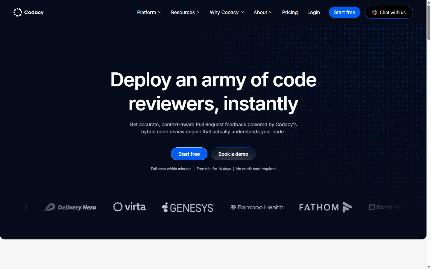 Codacy English AI Reviewer page describing hybrid pull request feedback and a free trial.