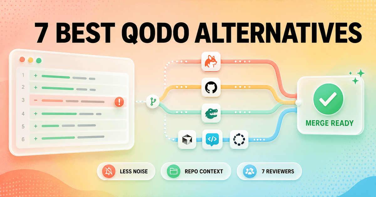 Pastel code review lanes route a pull request through seven Qodo alternatives toward a merge-ready result.
