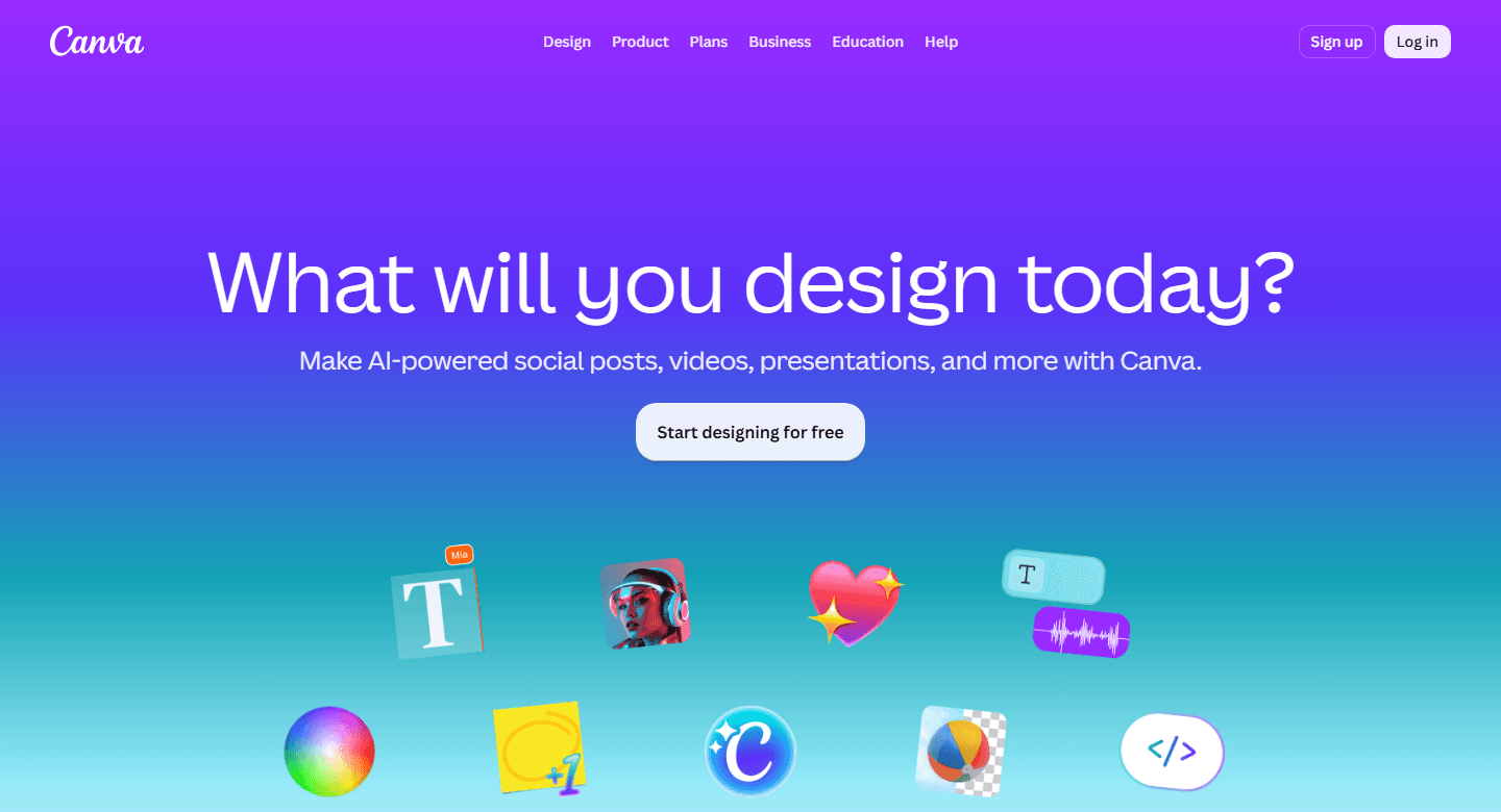 Canva official home page showing the main design prompt and AI-powered content options.