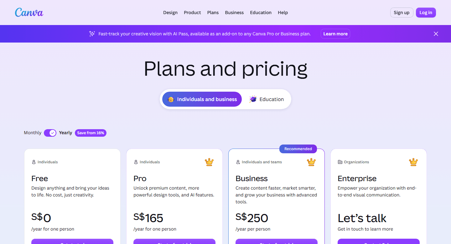 Canva official pricing page showing Free, Pro, Business, and Enterprise plans.