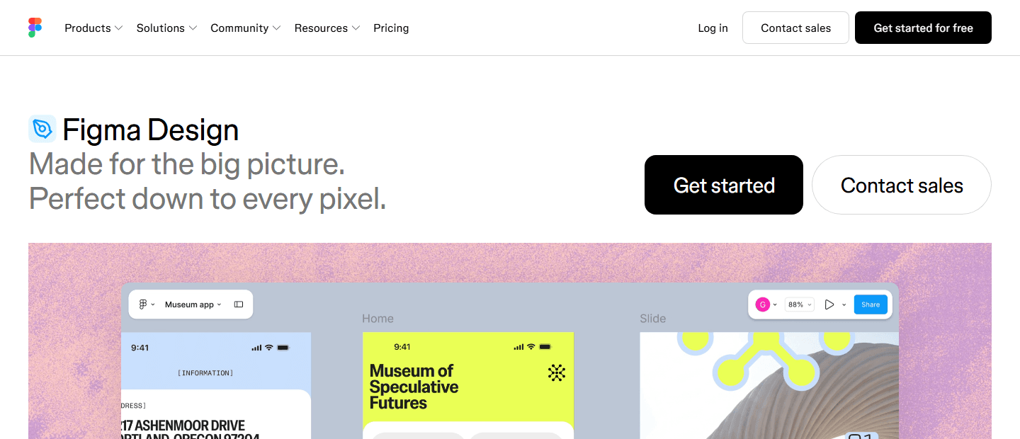 Figma official Design page showing product design work and collaboration controls.