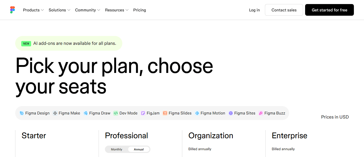 Figma official pricing page showing Starter, Professional, Organization, and Enterprise plans.