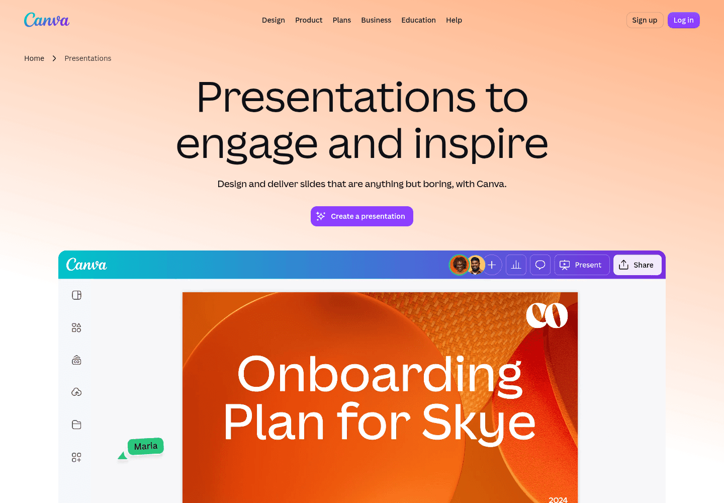 Canva official presentations page showing its visual editor, collaborators, presenting, and sharing tools.