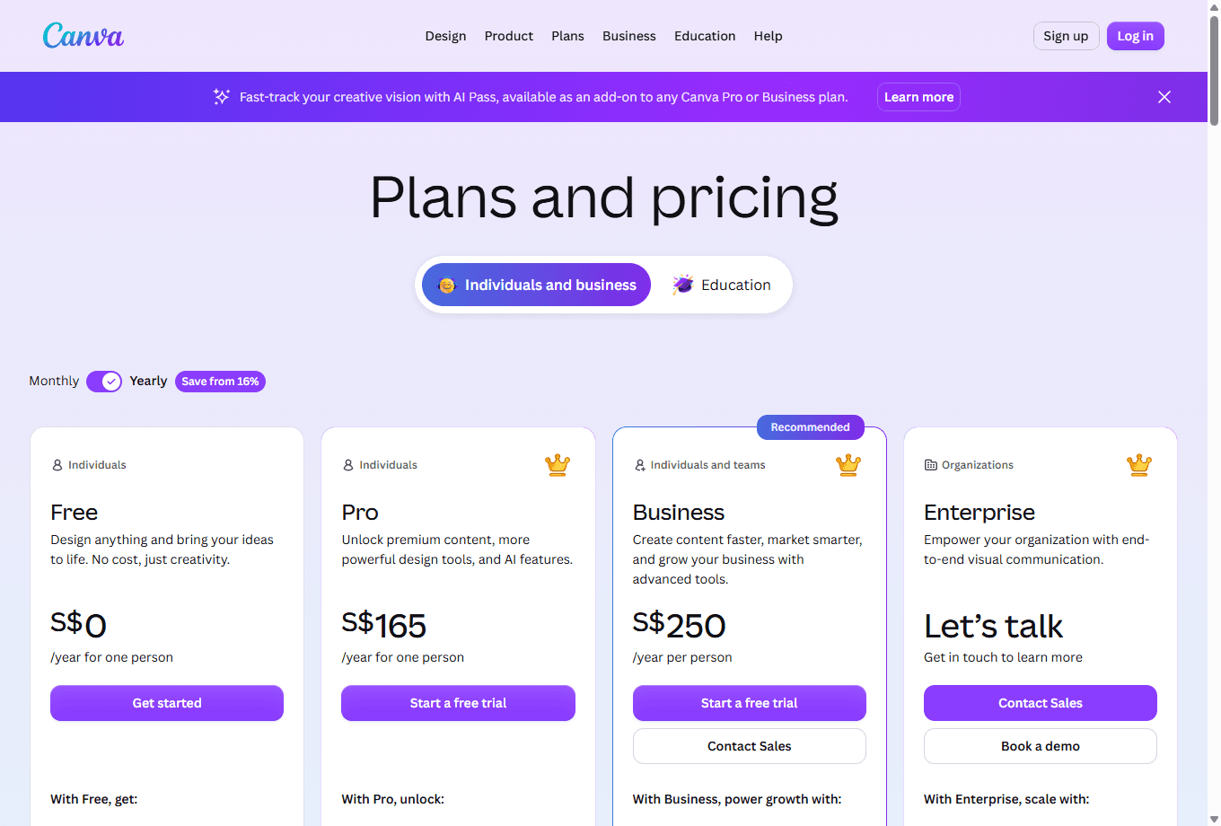 Canva official pricing page showing Free, Pro, Business, and Enterprise plans.