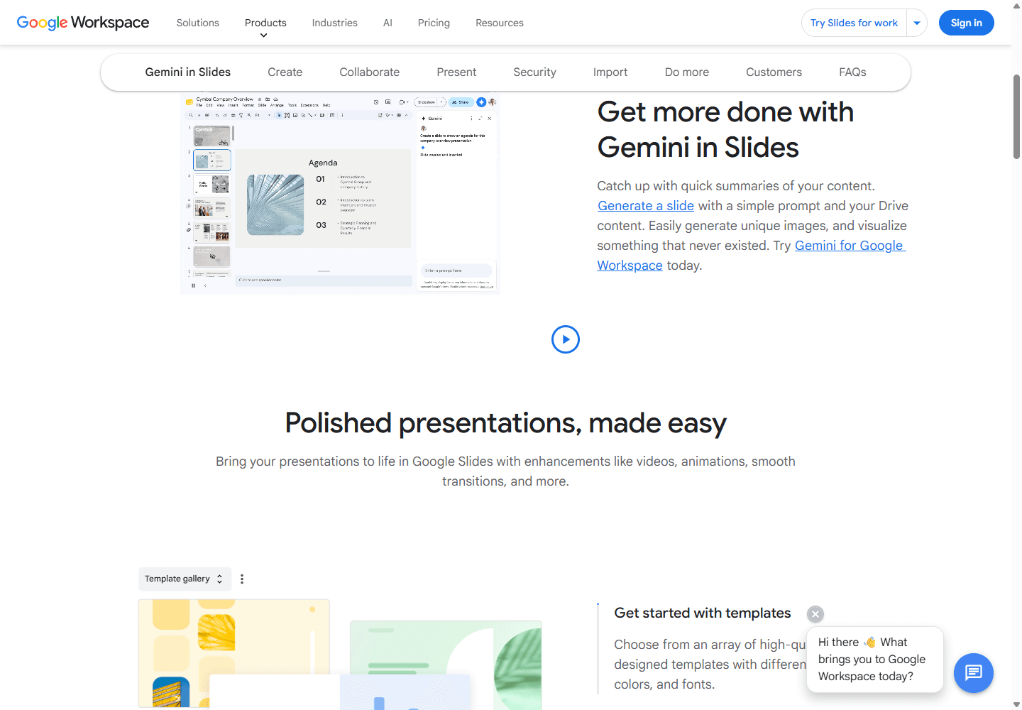 Google Slides official product page showing an English Slides editor, slide thumbnails, and Gemini panel.