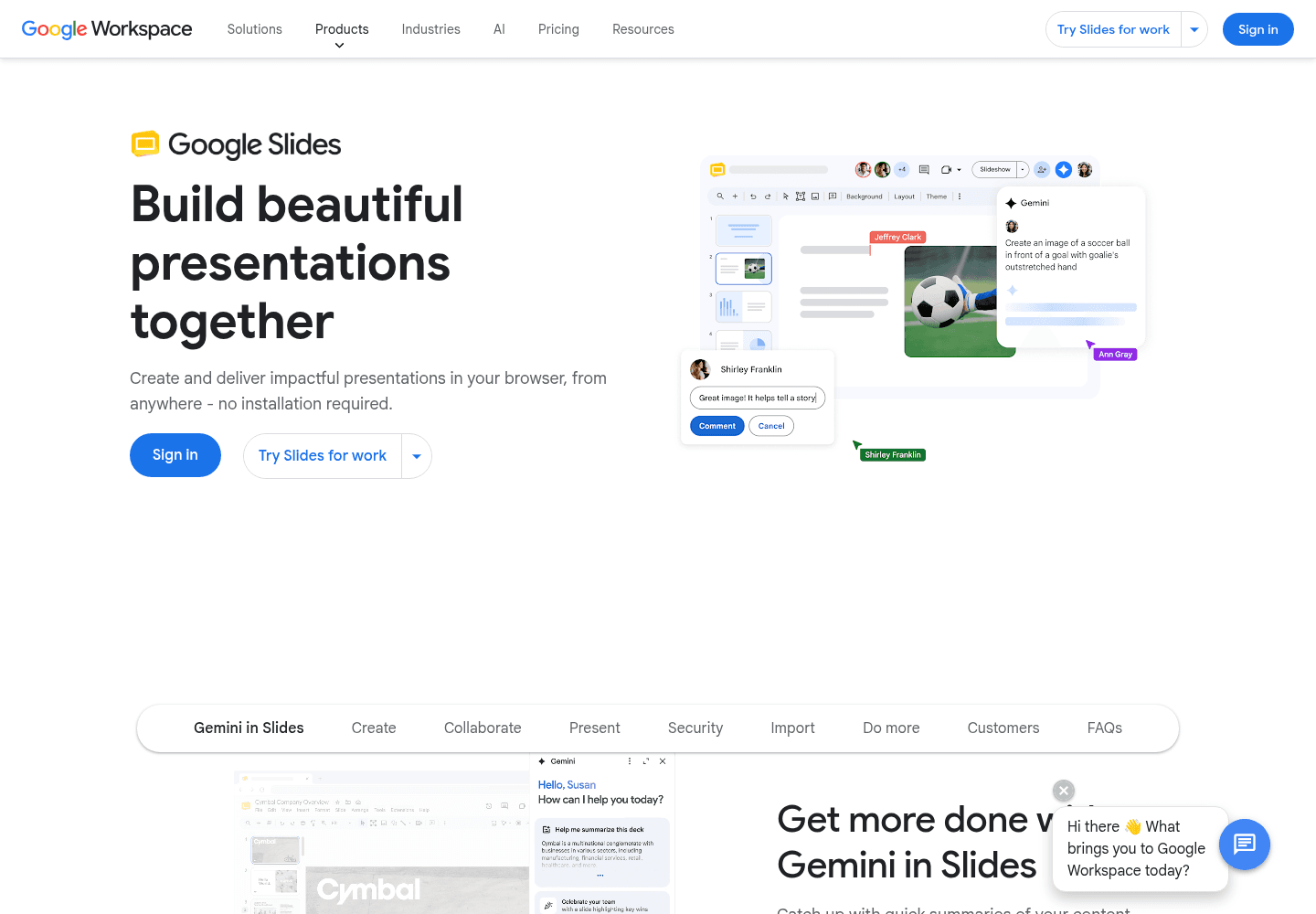 Google Workspace official Slides page showing collaboration, comments, Gemini, and a shared presentation.