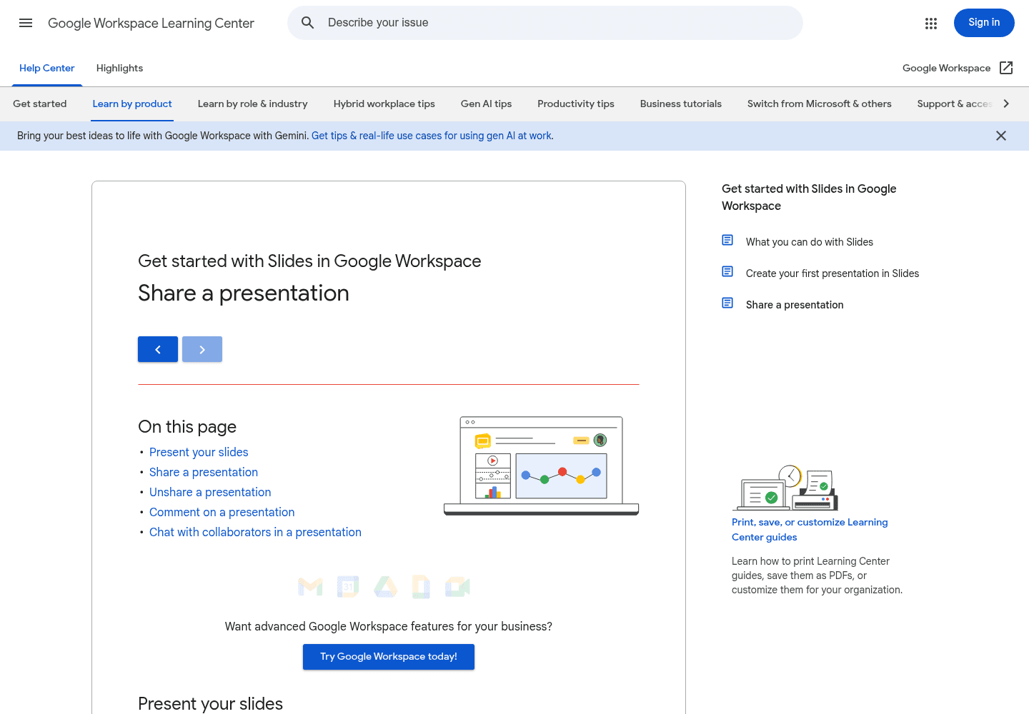 Google Workspace Learning Center page explaining presentation sharing, comments, and presenter tools.
