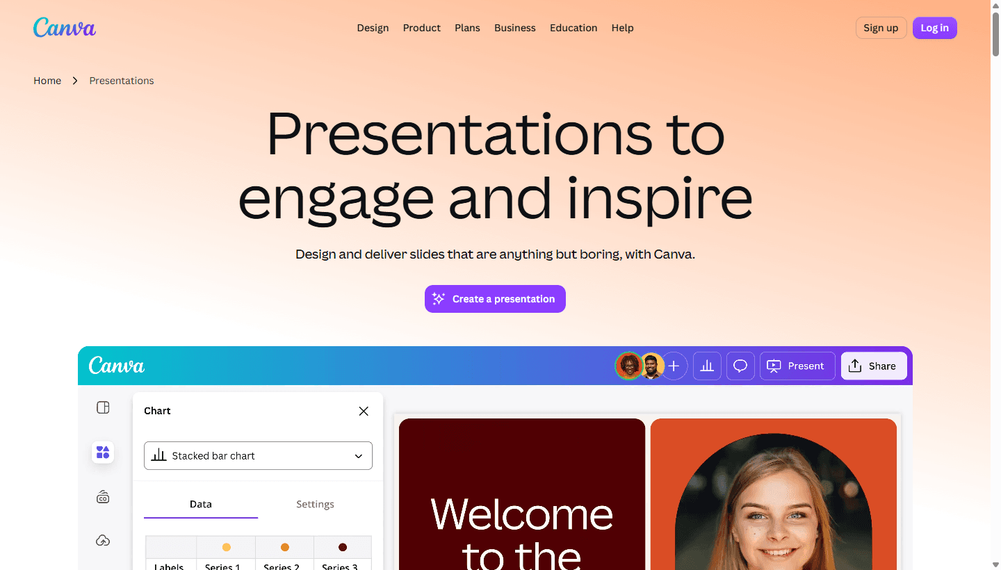 Canva official presentations page showing its presentation editor and chart tools.