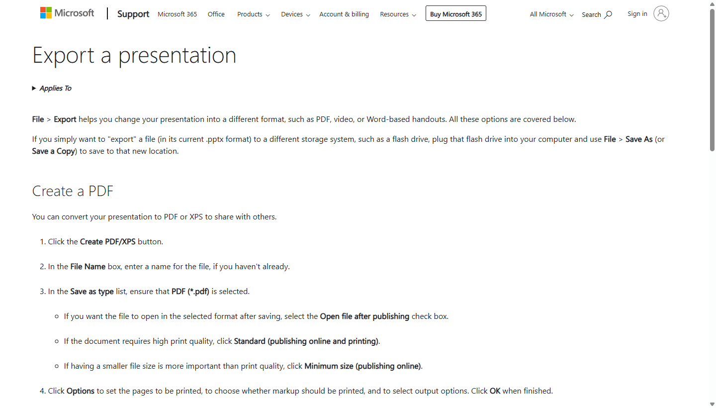 Microsoft Support page explaining PowerPoint export options for PDF, video, handouts, and other file types.