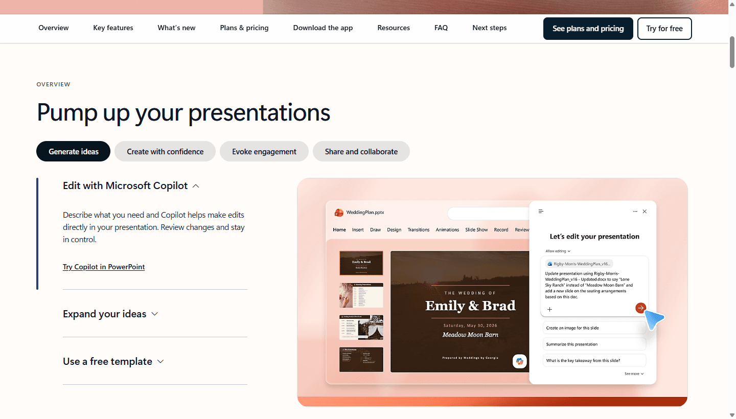 Microsoft official PowerPoint features page showing Copilot editing a presentation.