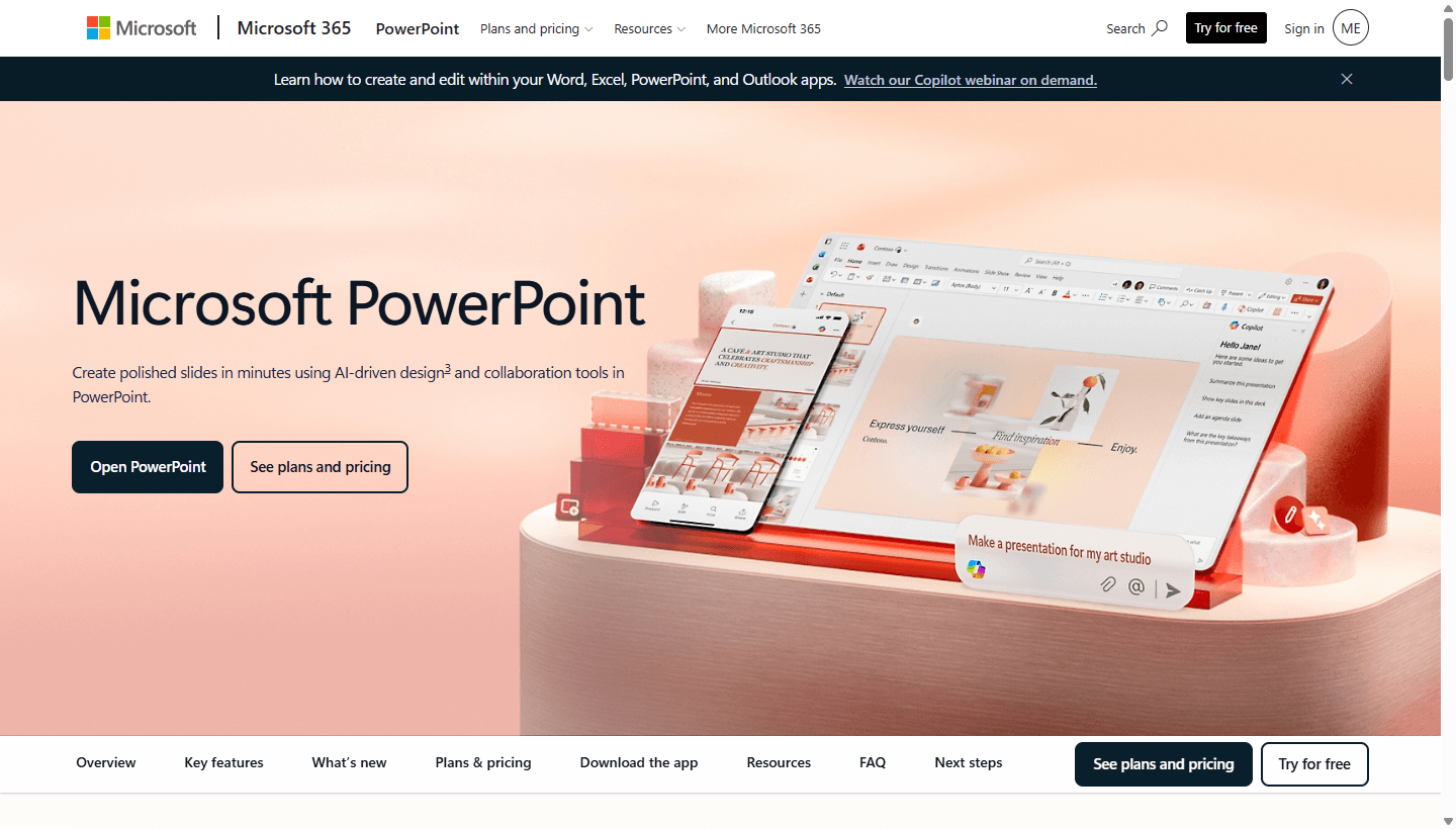 Microsoft official PowerPoint page showing PowerPoint across desktop and mobile devices.