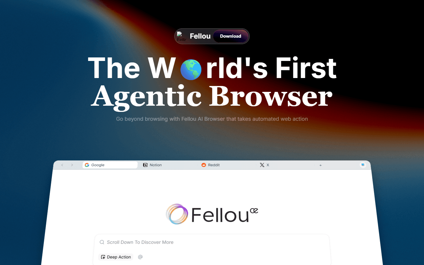 Fellou English home page presenting its agentic browser.