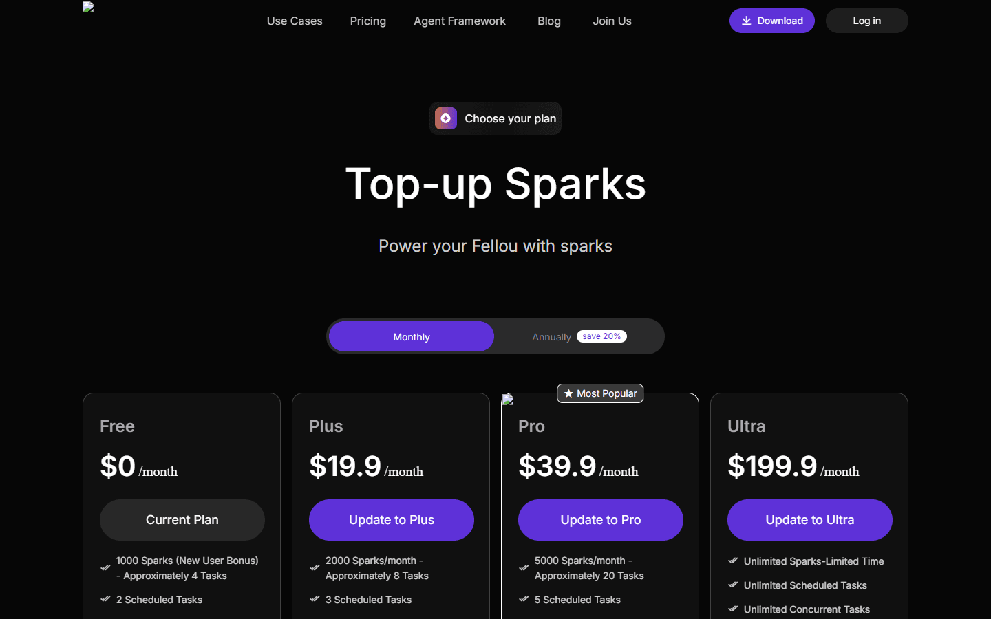 Fellou English pricing page showing Free, Plus, Pro, and Ultra plans.