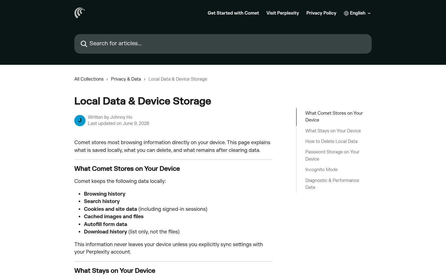 Comet English documentation listing browsing information stored on the device.