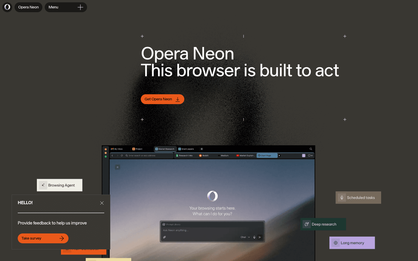 Opera Neon English homepage showing its browsing agent, deep research, scheduled tasks, and long memory.