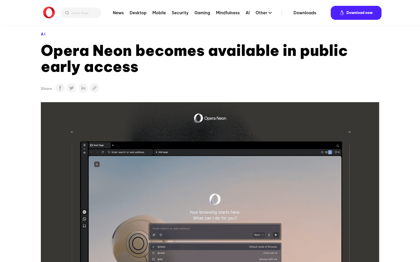 Opera English announcement showing Opera Neon in public early access.