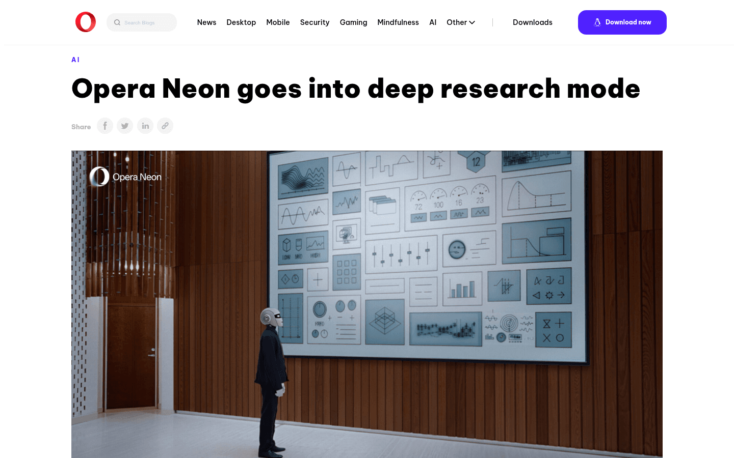 Opera English article introducing Opera Neon deep research mode.