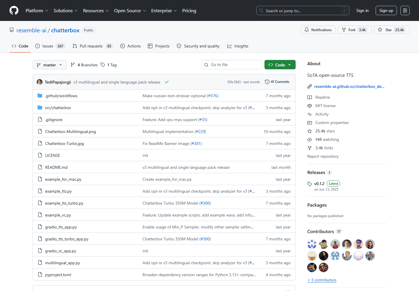 Chatterbox official GitHub repository screenshot showing Resemble AI's open-source TTS project.