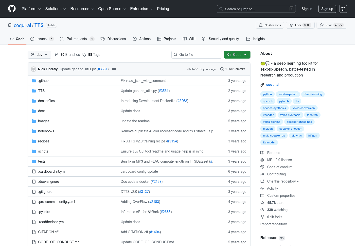 Coqui TTS official GitHub repository screenshot showing a deep learning text-to-speech toolkit.