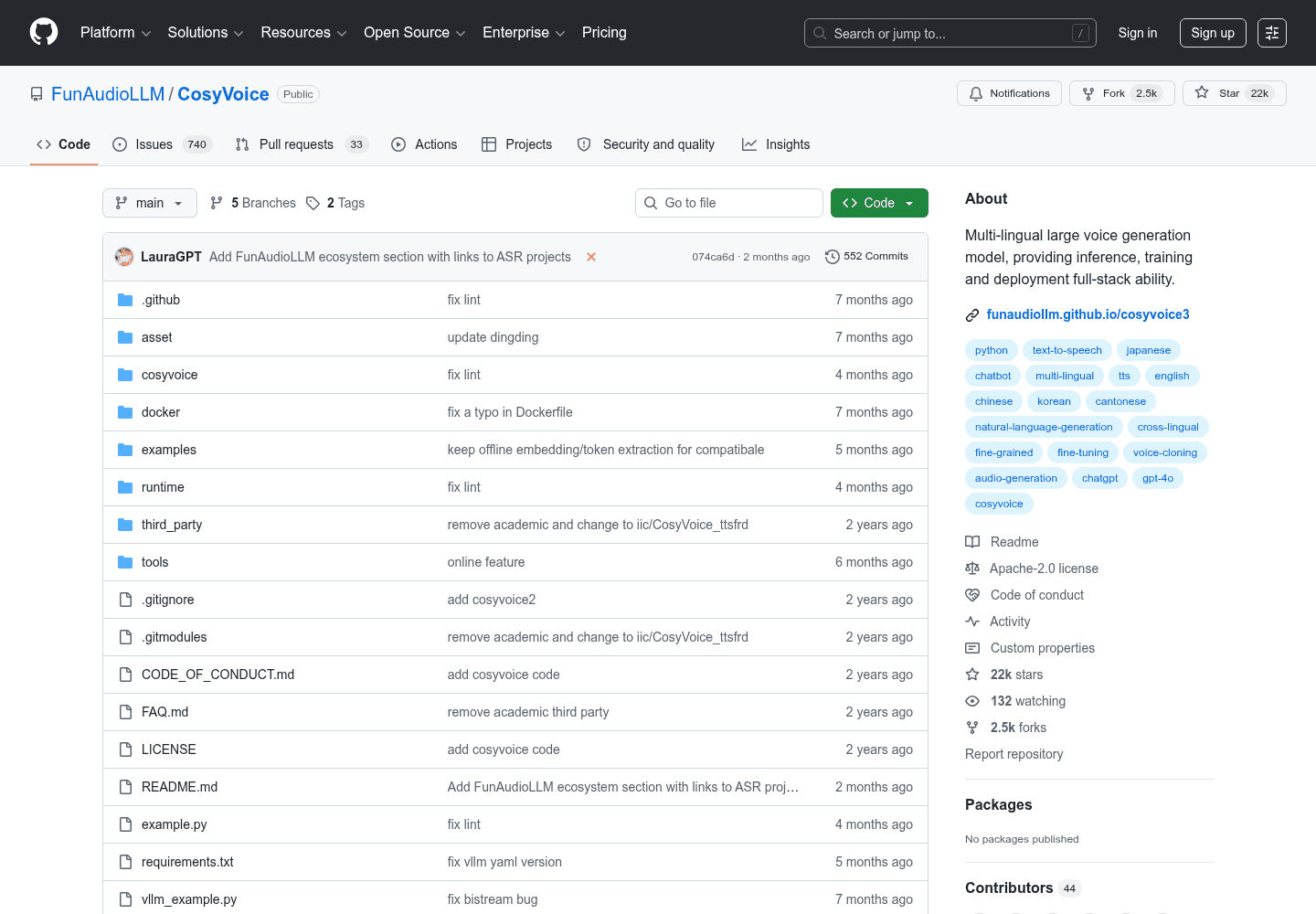 CosyVoice official GitHub repository screenshot showing a multilingual large voice generation model.