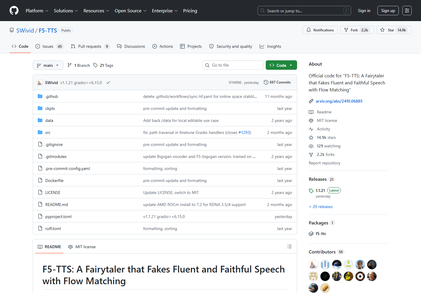 F5-TTS official GitHub repository screenshot showing the flow matching speech project.