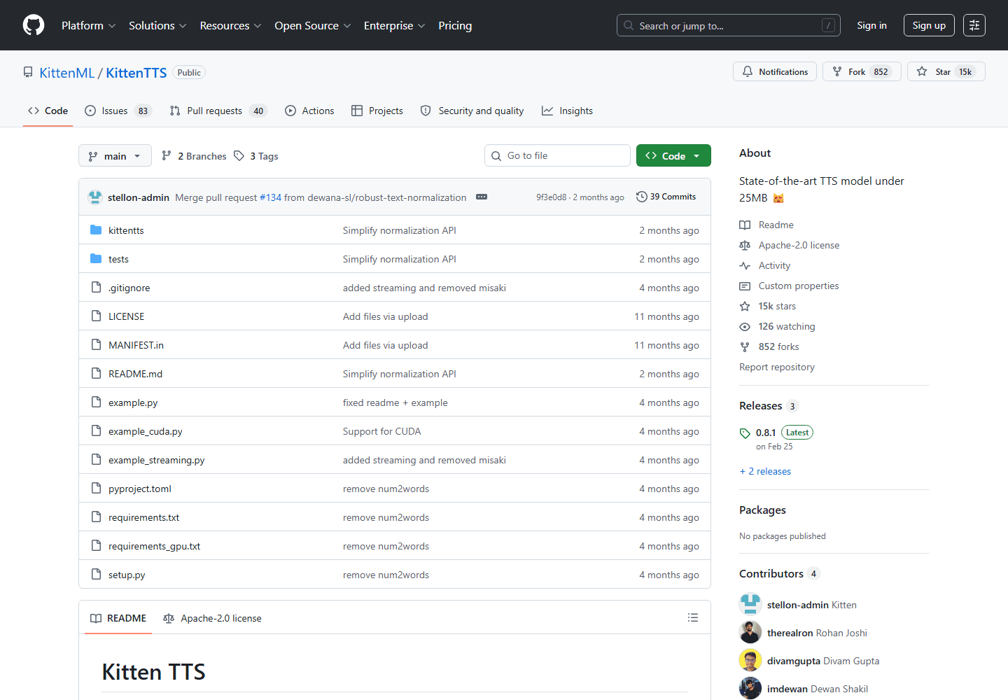 Kitten TTS official GitHub repository screenshot showing a small text-to-speech model.