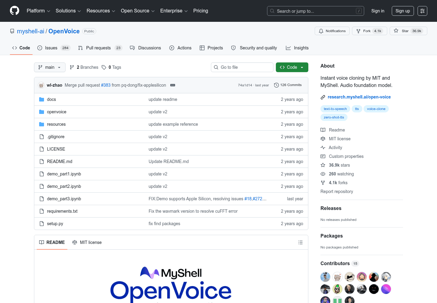 OpenVoice official GitHub repository screenshot showing instant voice cloning by MIT and MyShell.