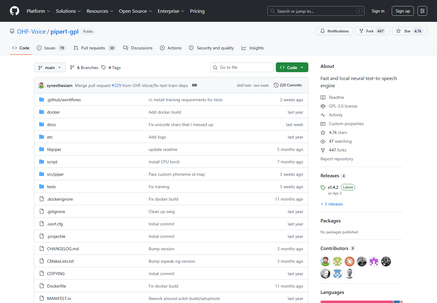 Piper official GitHub repository screenshot showing a fast local neural text-to-speech engine.